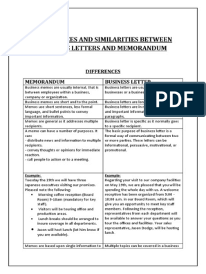 Differences And Similarities Between Business Letters And Memorandum | Pdf  | Memorandum | Communication