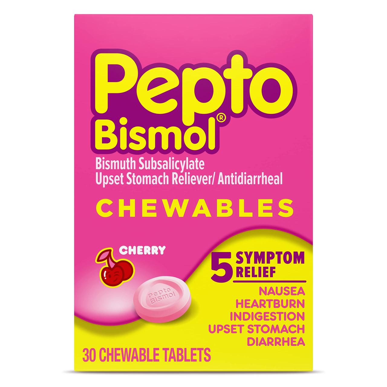 Amazon.Com: Pepto Bismol Chewables, Upset Stomach Relief, Bismuth  Subsalicylate, Multi-Sympton Relief Of Gas, Nausea, Heartburn, Indigestion,  Diarrhea, Cherry Flavor, 30 Tablets : Health & Household